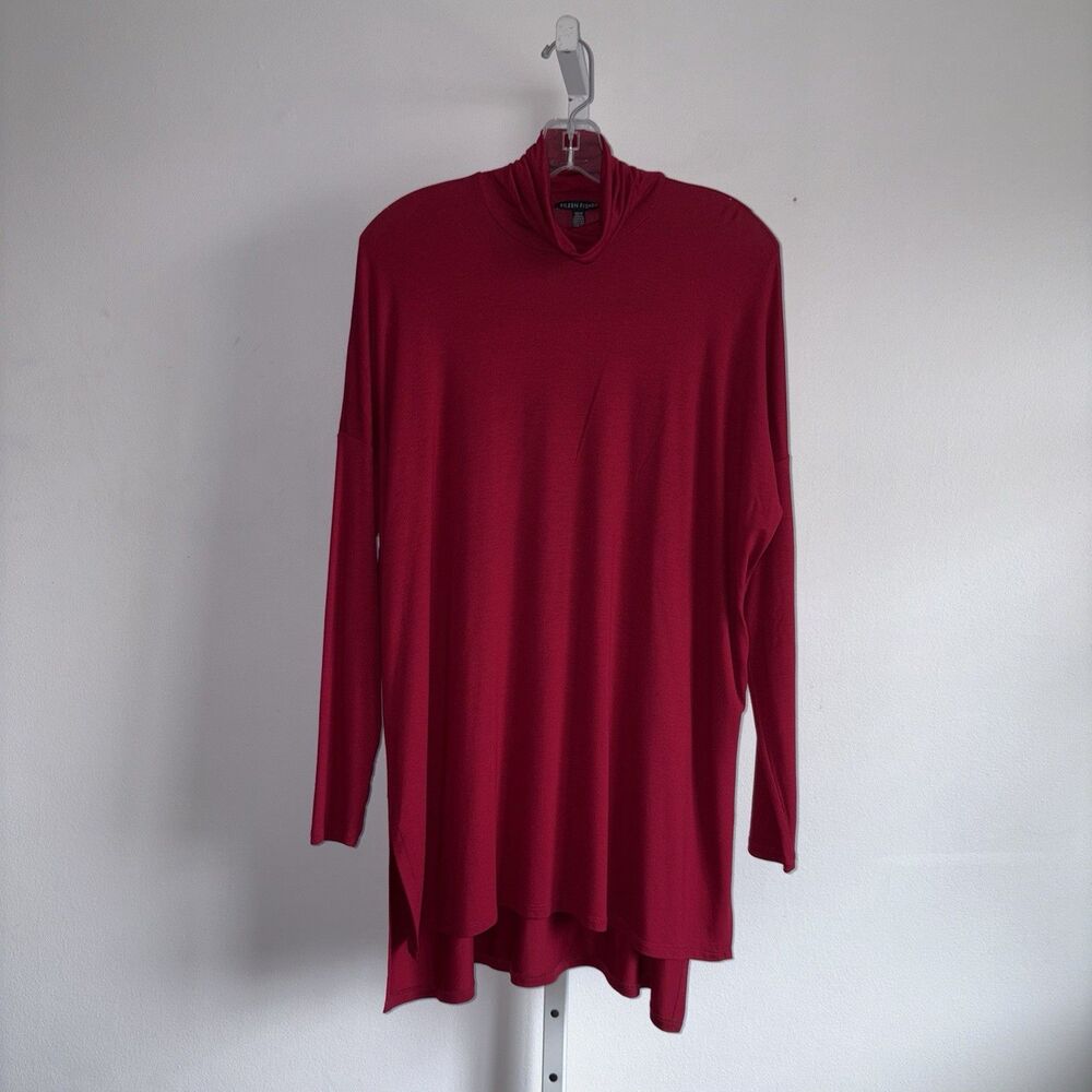 Eileen Fisher Mock Neck Long Sleeve Tunic Top Size XS Cranberry Red Viscose Knit